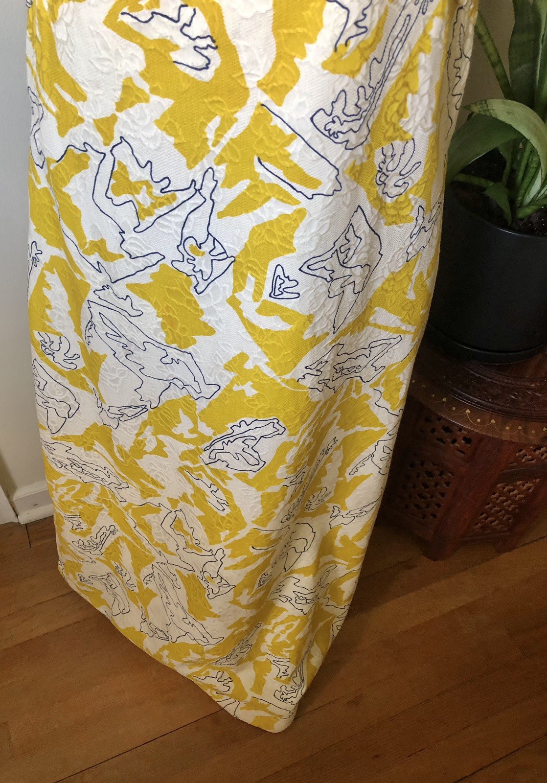 Mid Century Abstract Yellow, White, & Navy Blue Maxi Dress, M