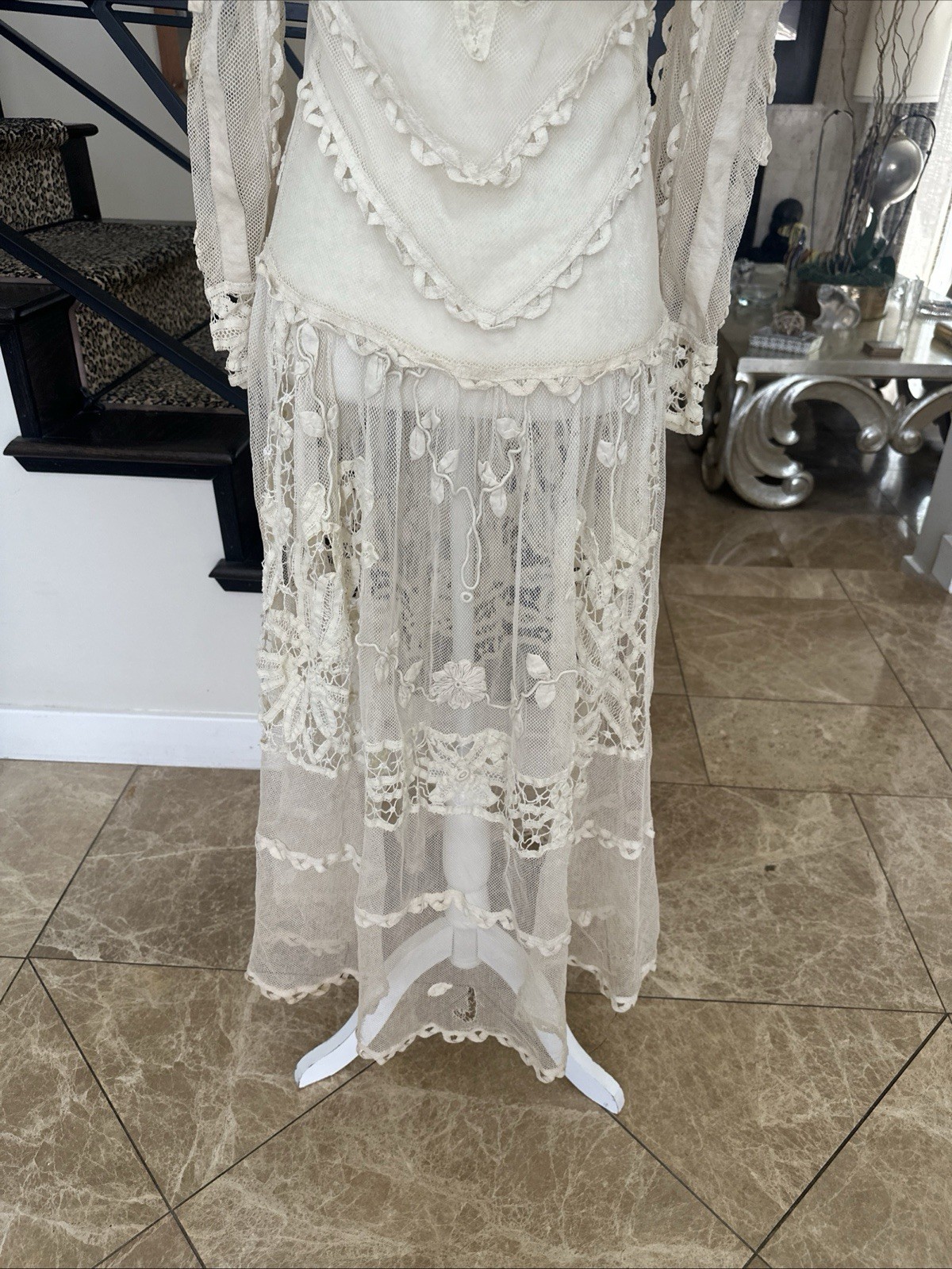 Early 1900s Ivory Hand Embroidered Crocheted Net Lace Drop Waist Dress Small