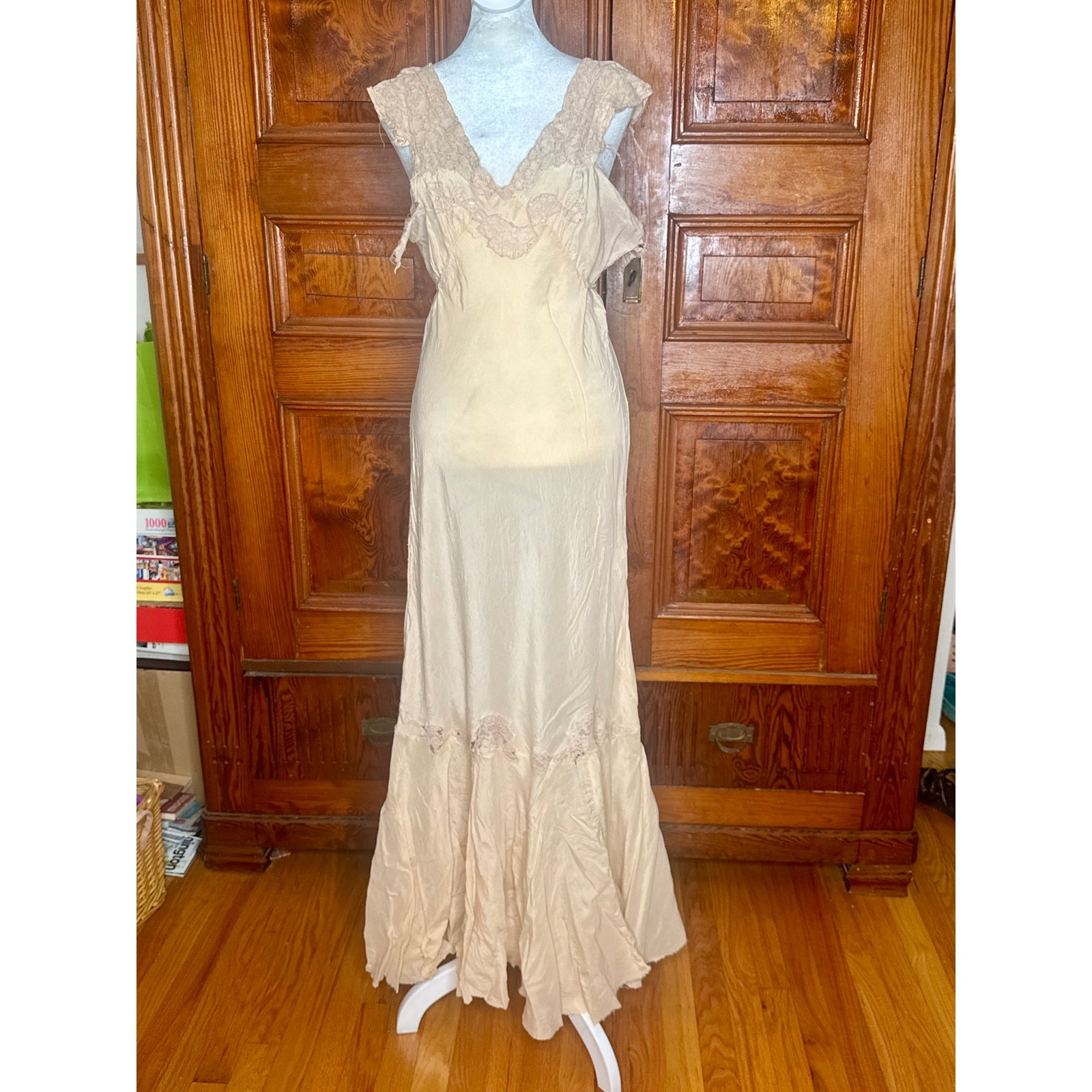 VTG 30s Beige Silk Lace Liquid Bias Cut Maxi Slip Dress Nightgown L As Is