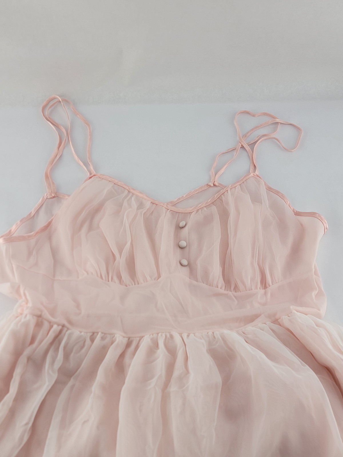 Vintage 50s Sheer Pink Nylon Nightgown White Embroidery Sz 36 M Laros Romantic
