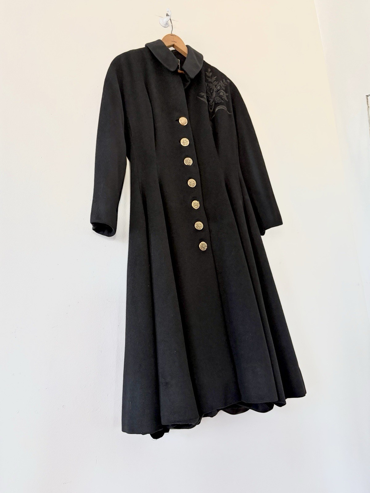 Vintage 1950s Black Wool Swing Coat Dress Princess Line Appliqué Formal New Look