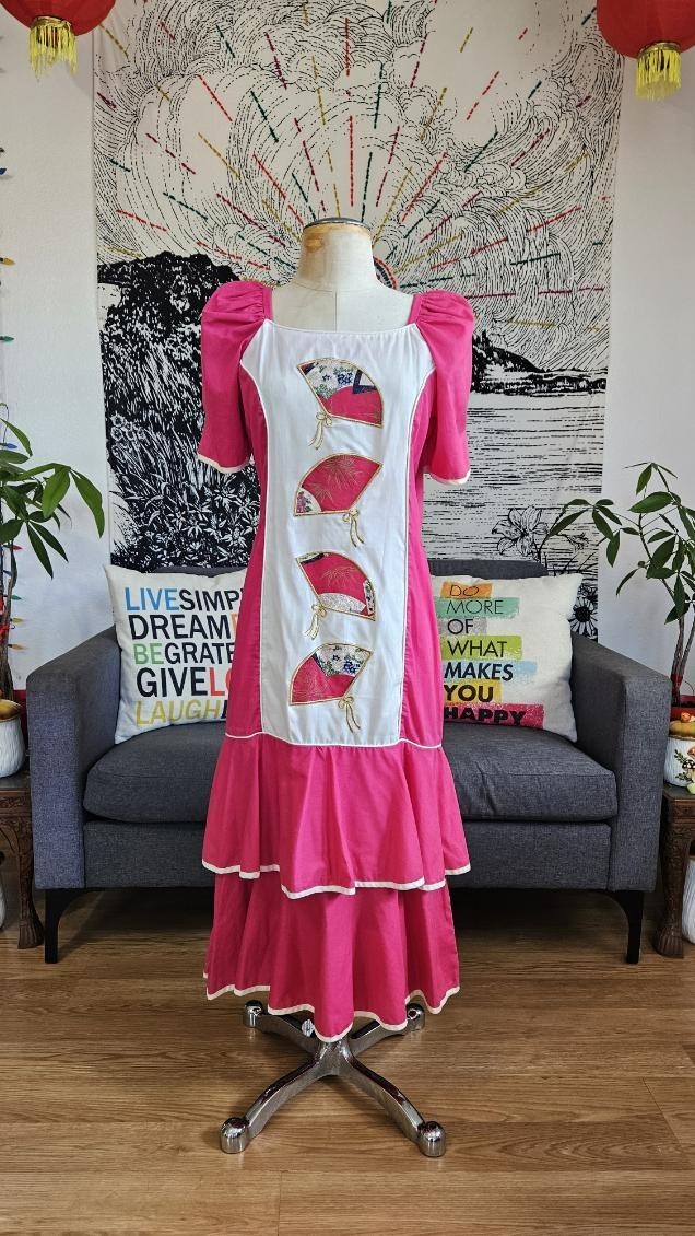 VTG 80s SIDAN HAWAII Tiered Midi MuuMuu Dress Med Beach Resort asian embroidered