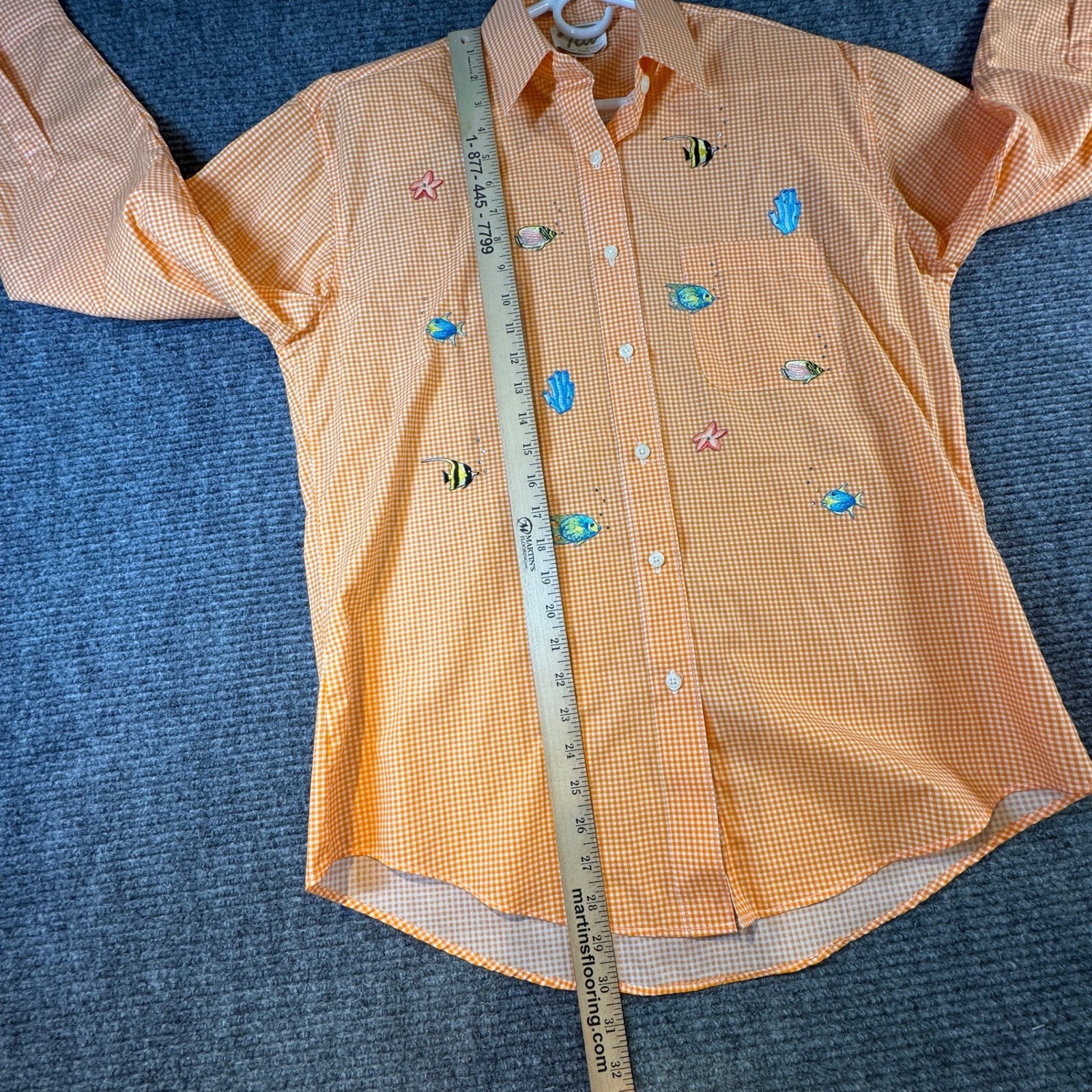 Vintage Tia Designs Orange Gingham Fish Embroidered Button Down Shirt Medium USA