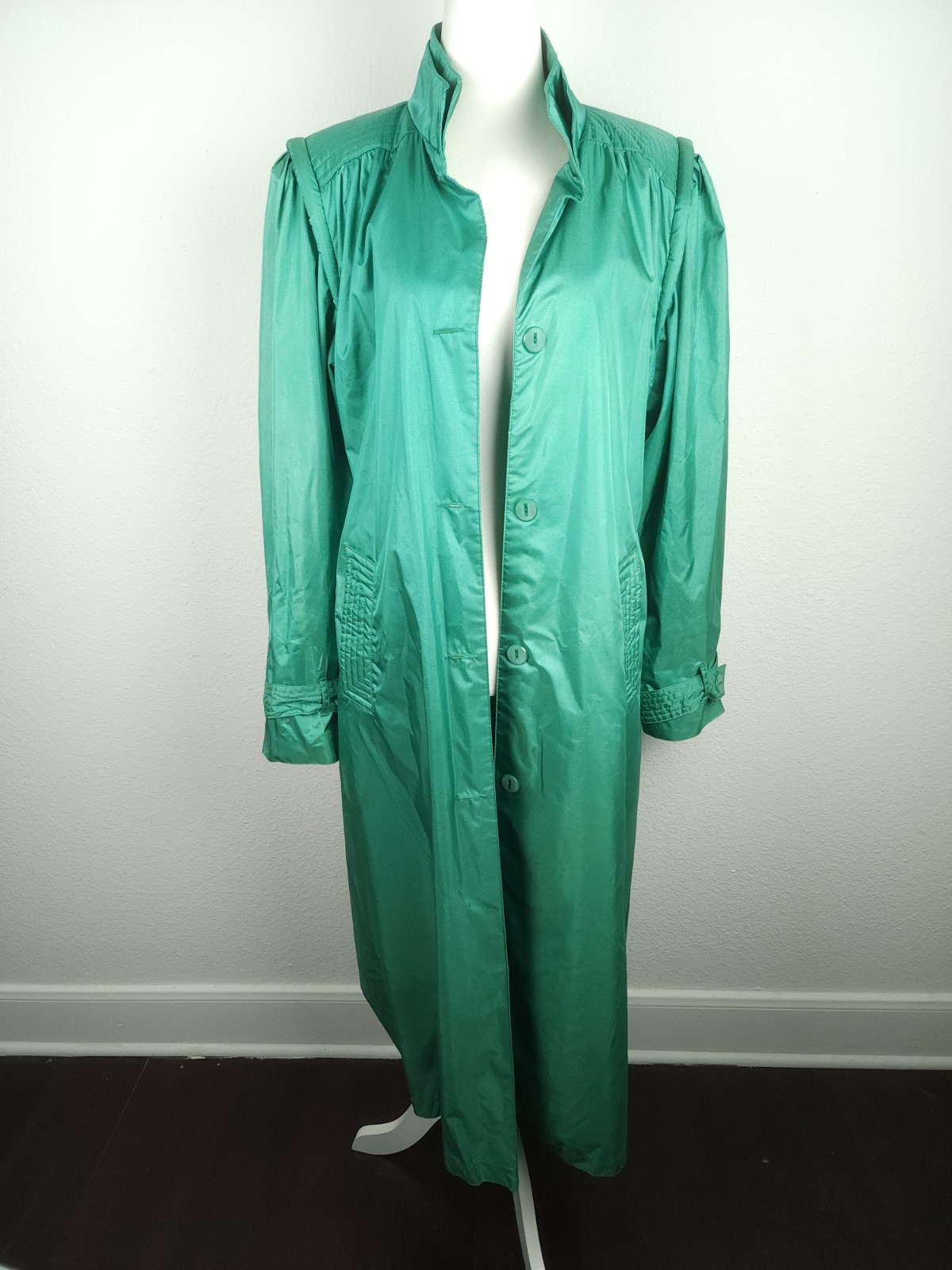 Vintage 70s 80s Green Raincoat Trench Belt Water Resistant Shoulder Pads Size M