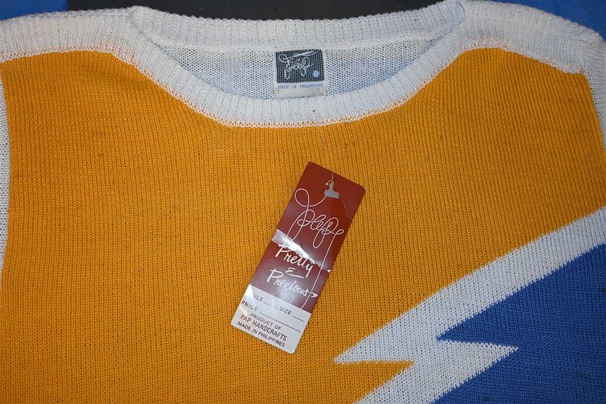 vtg 80s PAP YELLOW BLUE LIGHTNING BOLT COTTON 3/4 SLV NWT SWEATER WOMEN’S XS