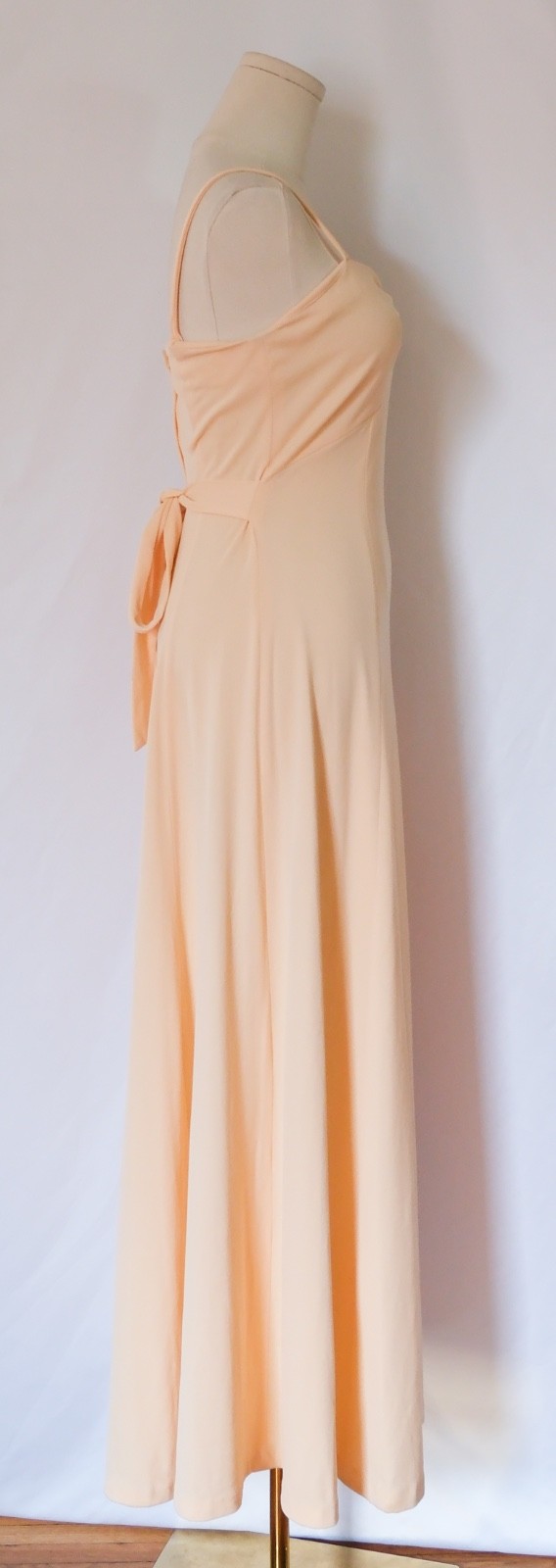Vintage 70s Nude Peach Strappy Maxi Prom Dress Gown Ruched Bust Tie Waist XS/S