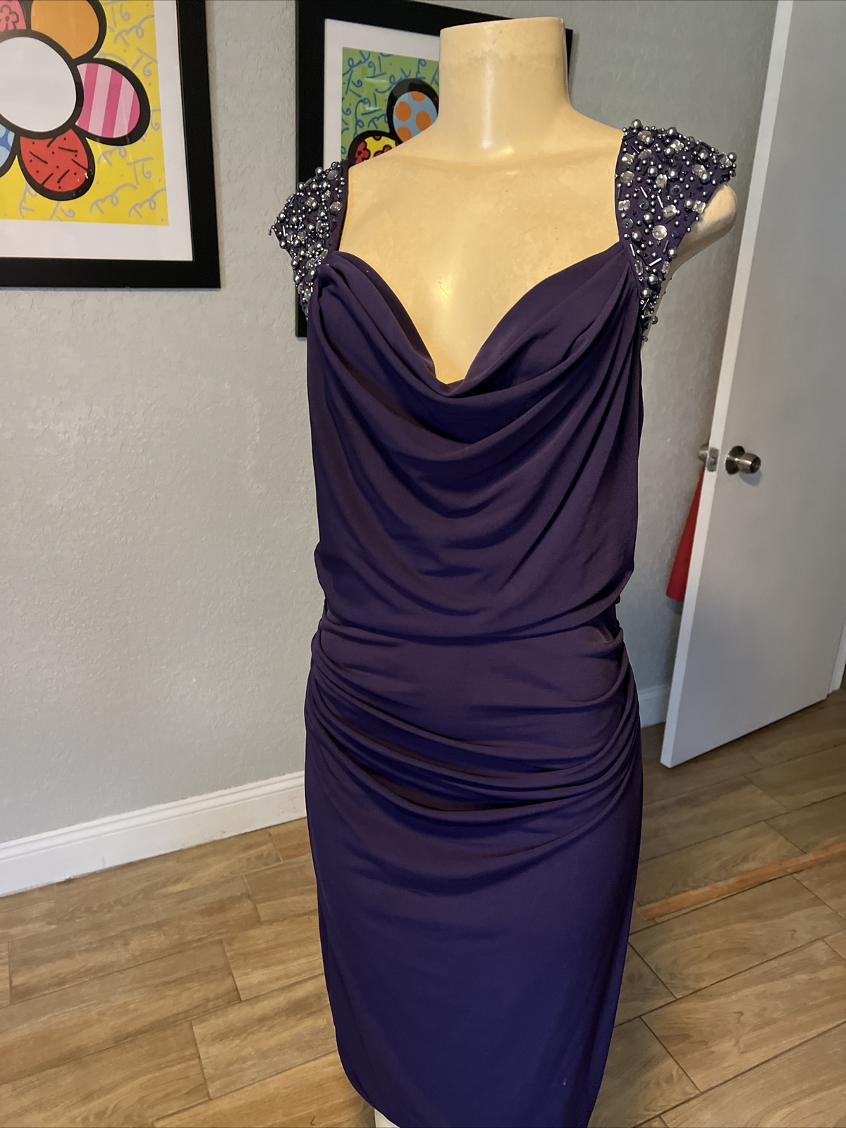 VTG MAGGY LONDON PURPLE RUCHED W/BEADED GEMS SHORT SLEEVES DRESS STUNNING xb8