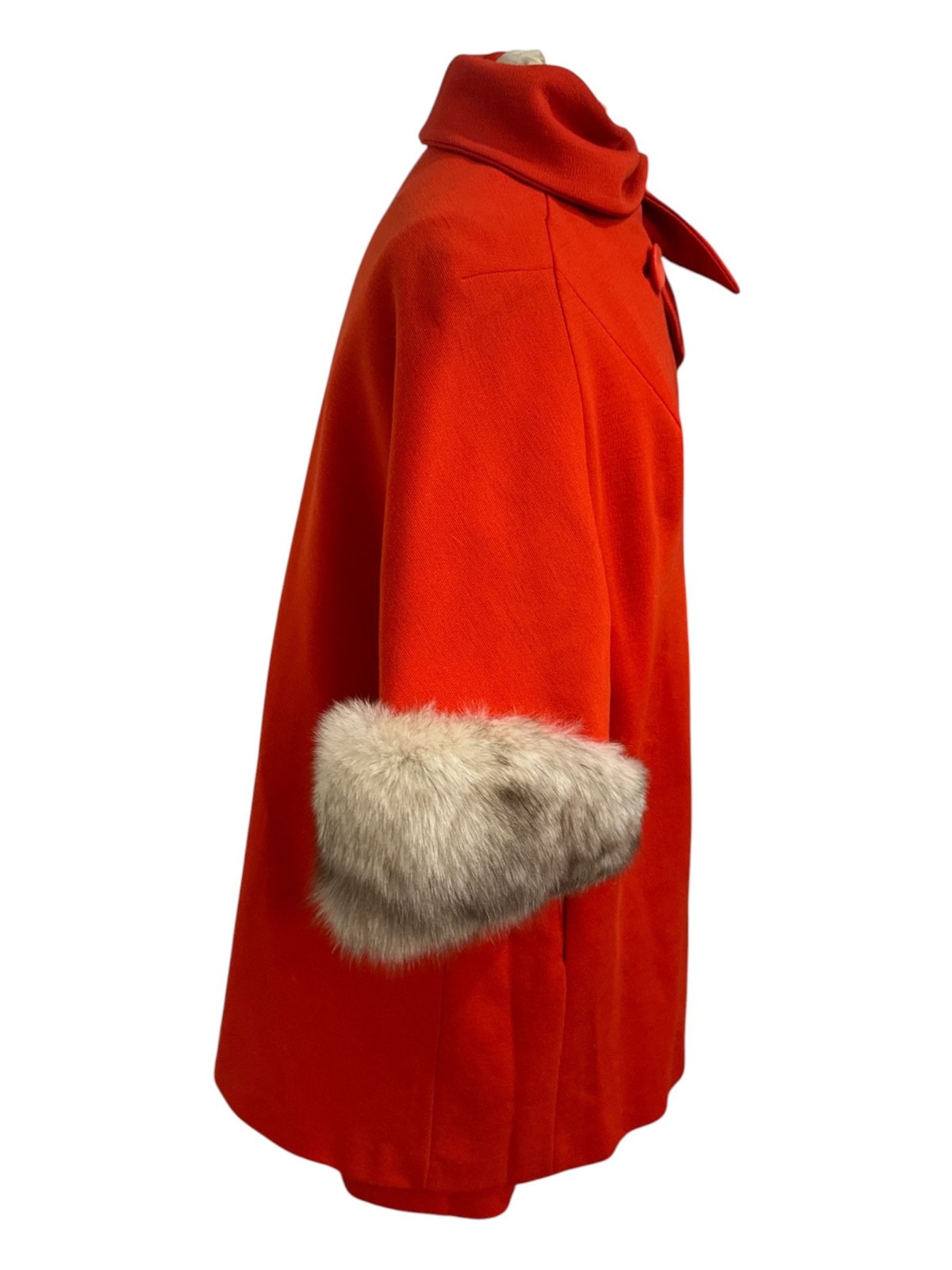 VINTAGE 60’s RUBY ORANGE Wool Dress & CAPE FOX FUR TRIM DRESS SUIT SZ M/L