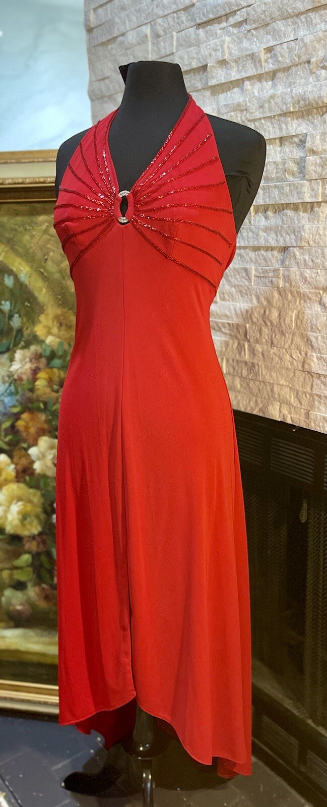 VTG De Laru Y2K Sexy Red Halter Dress Beading Rhinestone Size 8 A Line