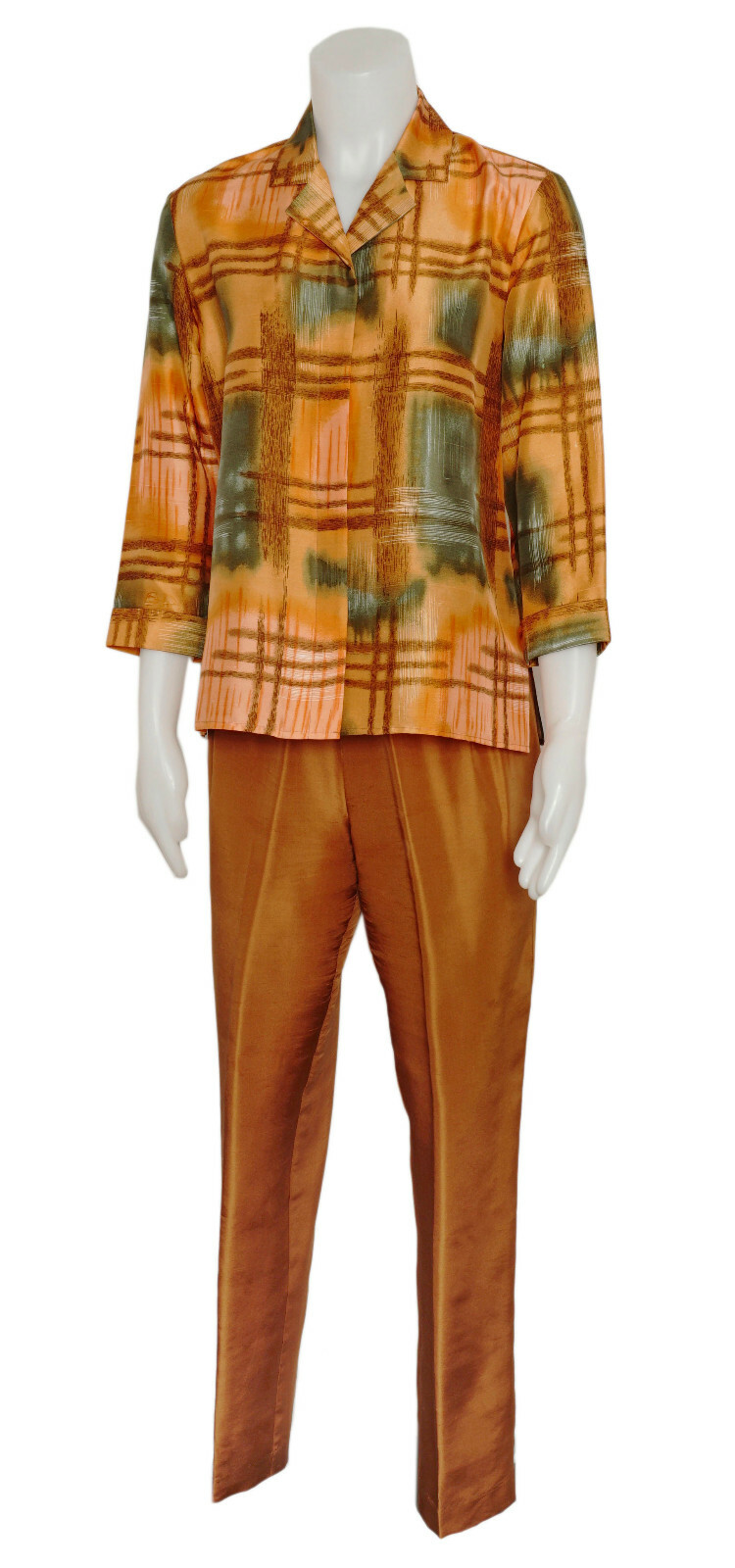 Retro Silk Blouse and Pant Set, Gold and Olive Green Print 2 Piece Size 6