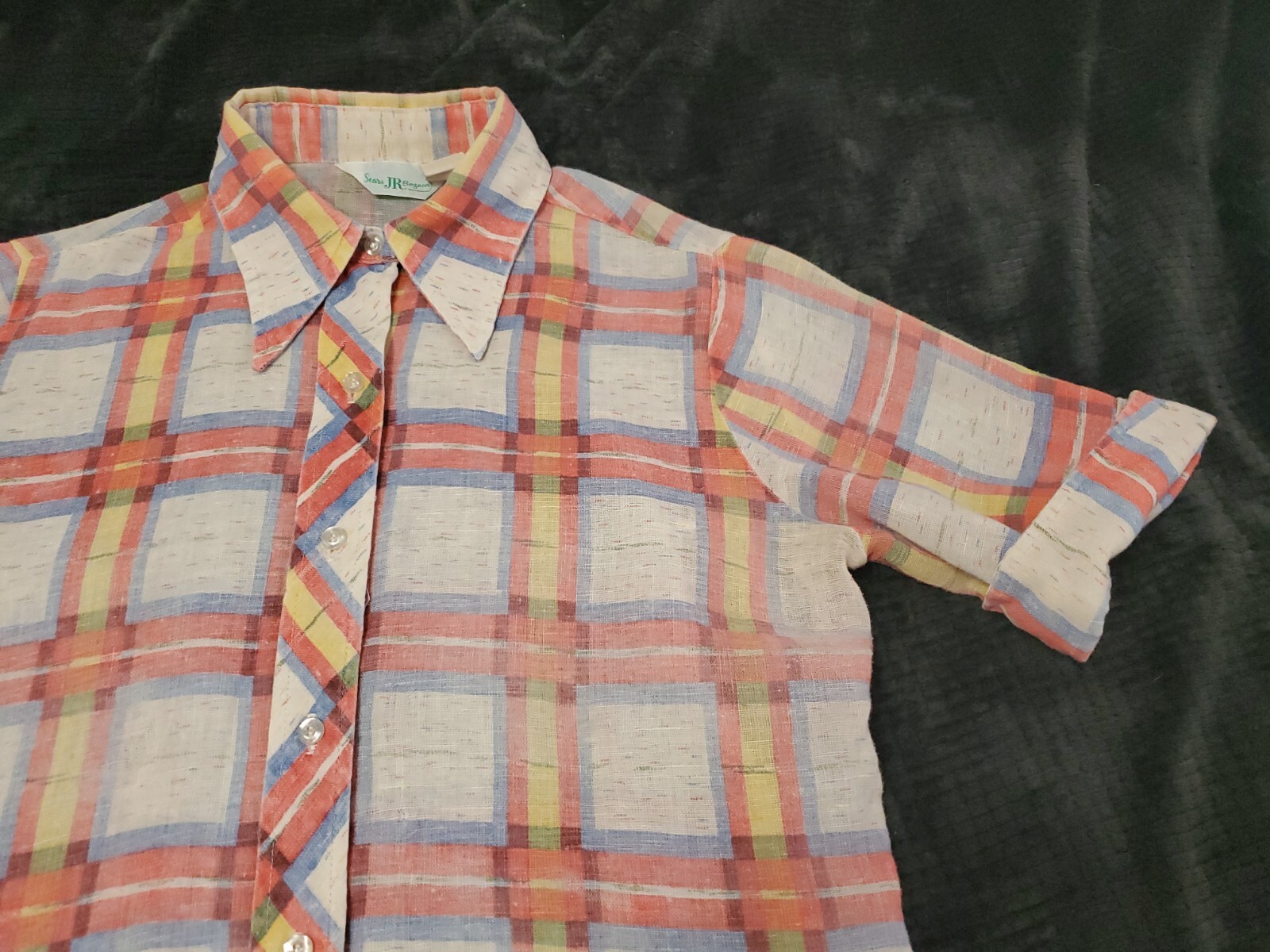 Vintage 70s Sears JR Bazaar Button-Up Cuff Sleeve Check Blouse/Top See Measures