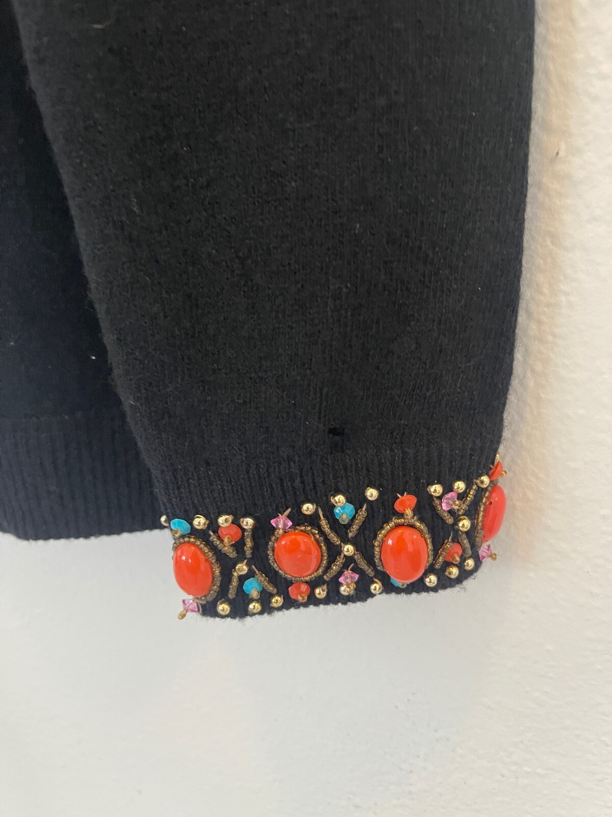 CERVELLE Sweater Beaded Embellished Open Cardigan Ramie Cotton Black Vintage L