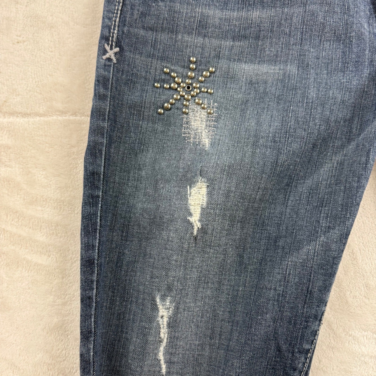 Vintage Guess Bootcut Jeans Womens 32 Blue Distressed Studded Pocket Y2K Indie