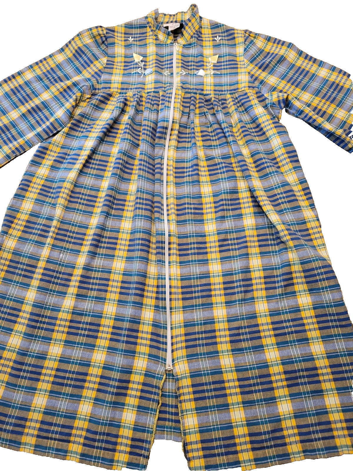 Vtg Coffee Coats By Saybury Women’s Blue Yellow Plaid Sz Med Embroidered Floral