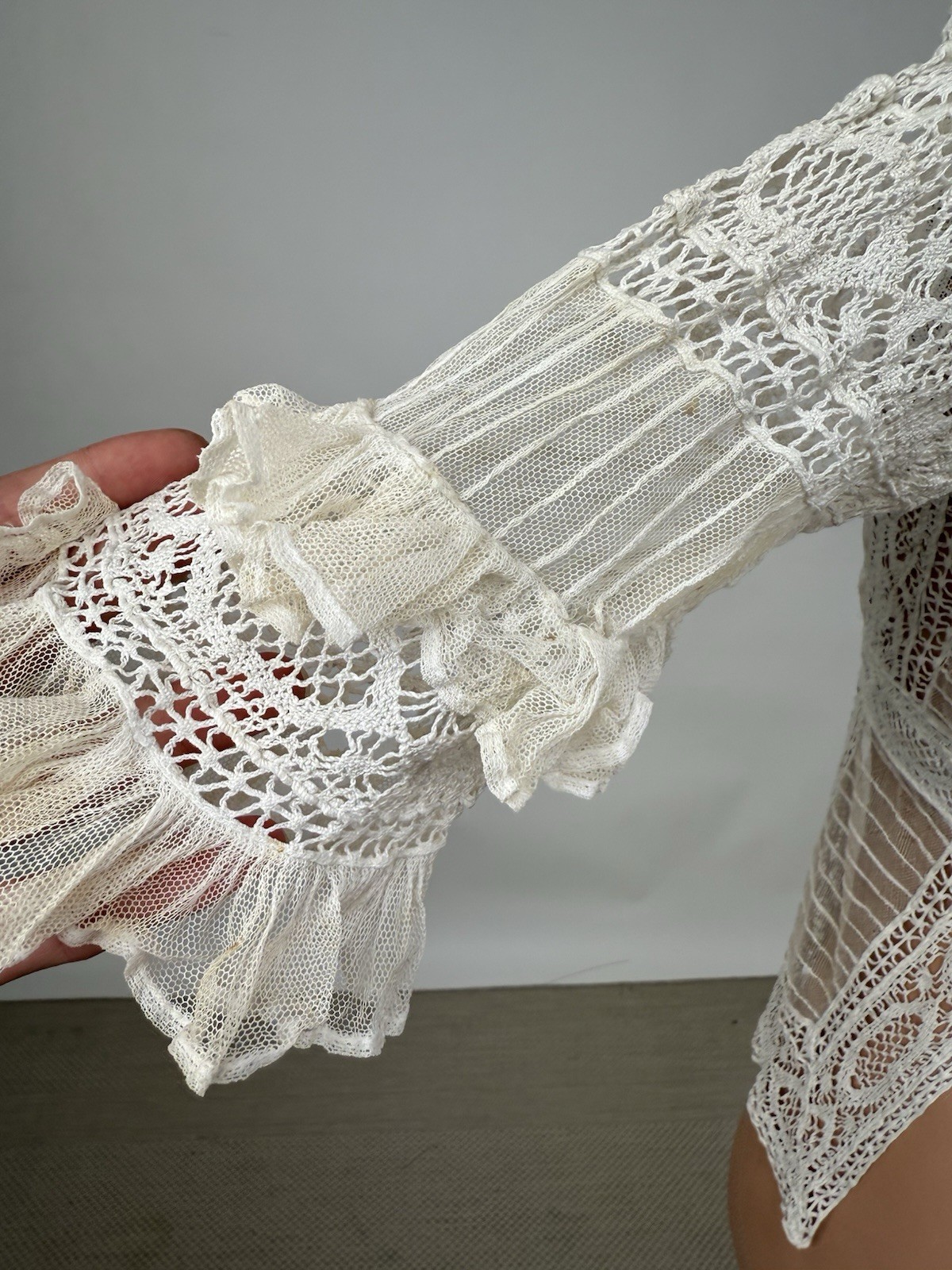 Antique Edwardian White Silk Net Cotton Crochet Blouse Ruffles Wounded BirdAS IS