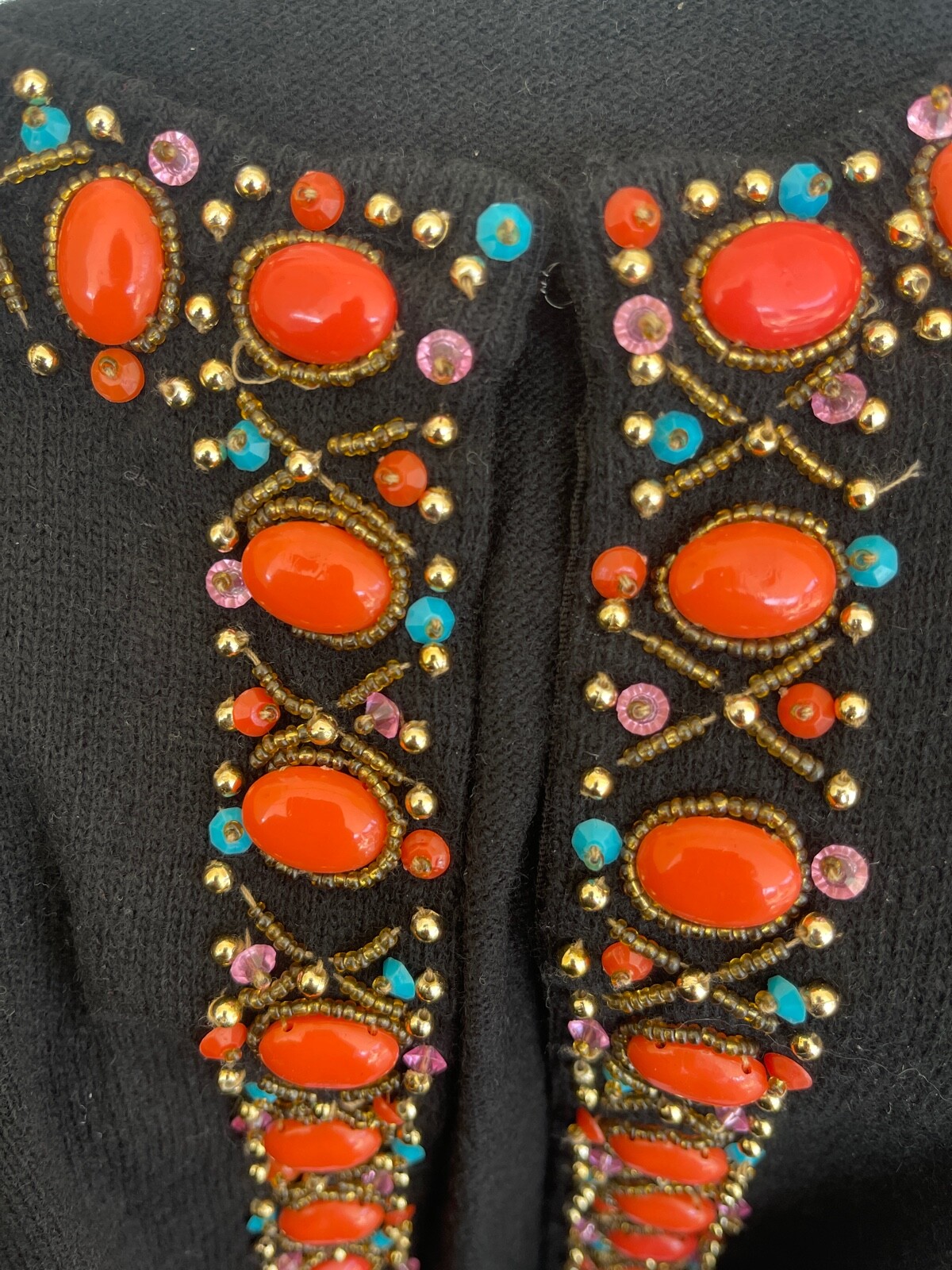 CERVELLE Sweater Beaded Embellished Open Cardigan Ramie Cotton Black Vintage L