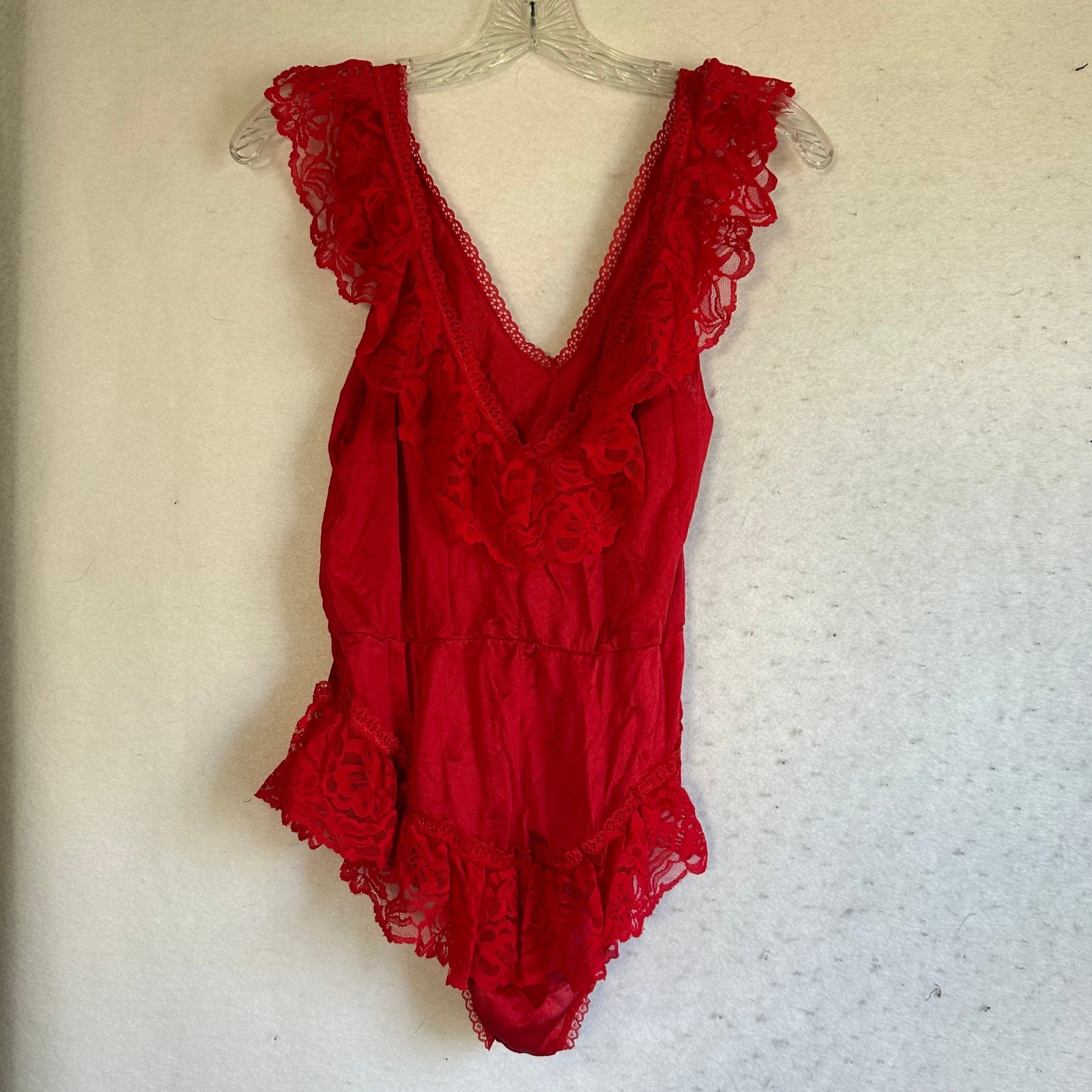 Vintage Alana Gale Red Lace Teddy Bodysuit and Sheer Mesh Robe Set Small 37014