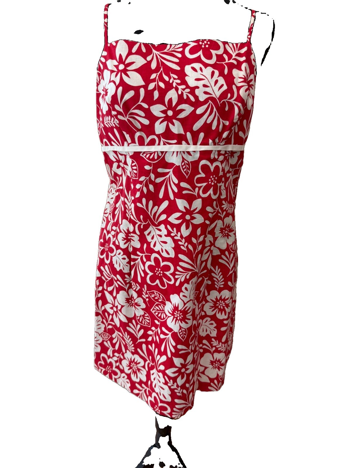 VTG 90s La Belle Red White Tropical Floral Sundress 11 Made in USA Tiki Retro