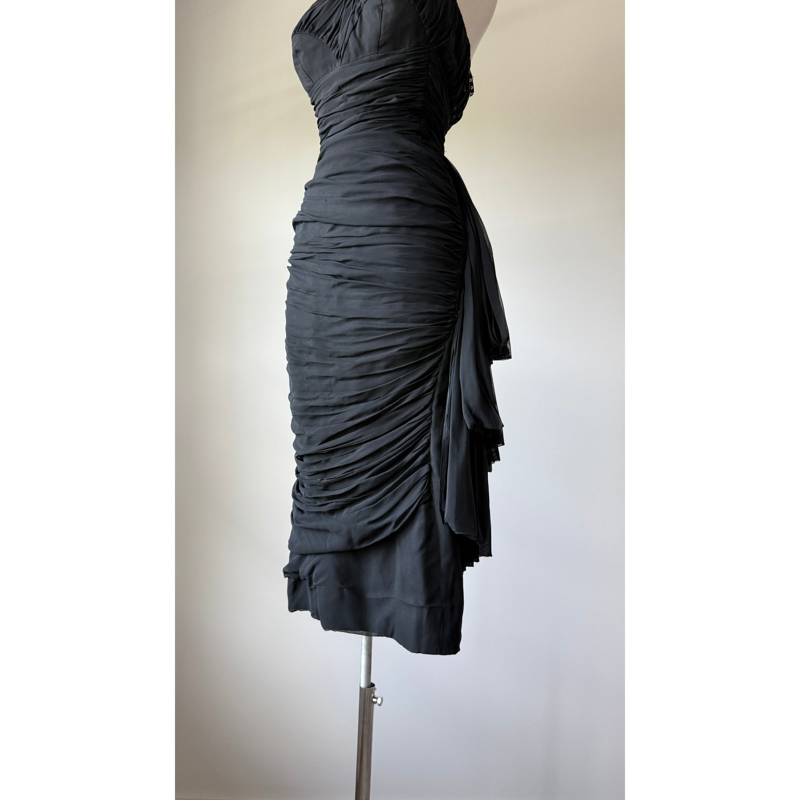Vintage 1950s Black Chiffon Bombshell Cocktail Wiggle Party Dress XS/S