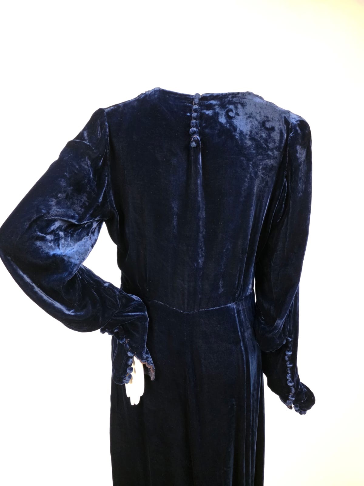 GLAMOUR 1930’S VIBRANT SAPPHIRE BLUE SILK VELVET LONG DRESS W DRAPED NECKLINE