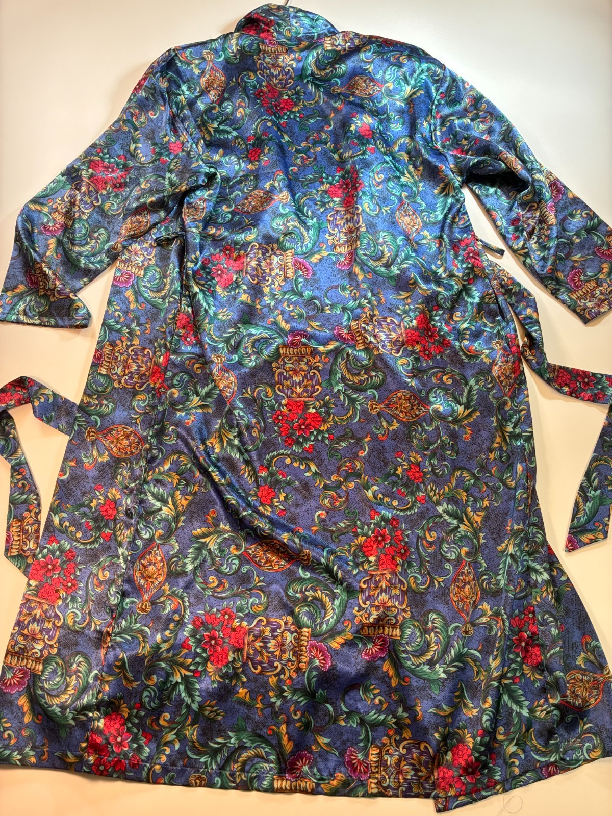 Vintage MARINE BLUE Long WRAP ROBE Medium VICTORIAN FLORAL Dressing Gown Kathryn