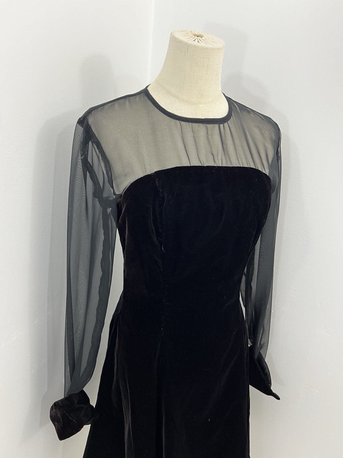 VTG Dress Fairy Goth Prom Sheer Mesh Velvet 90s Knee Length Skater L/S USA Sz 8