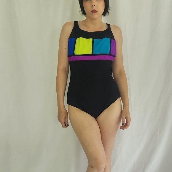 90s Black, Purple, Green, and Blue One Piece Swimsuit
