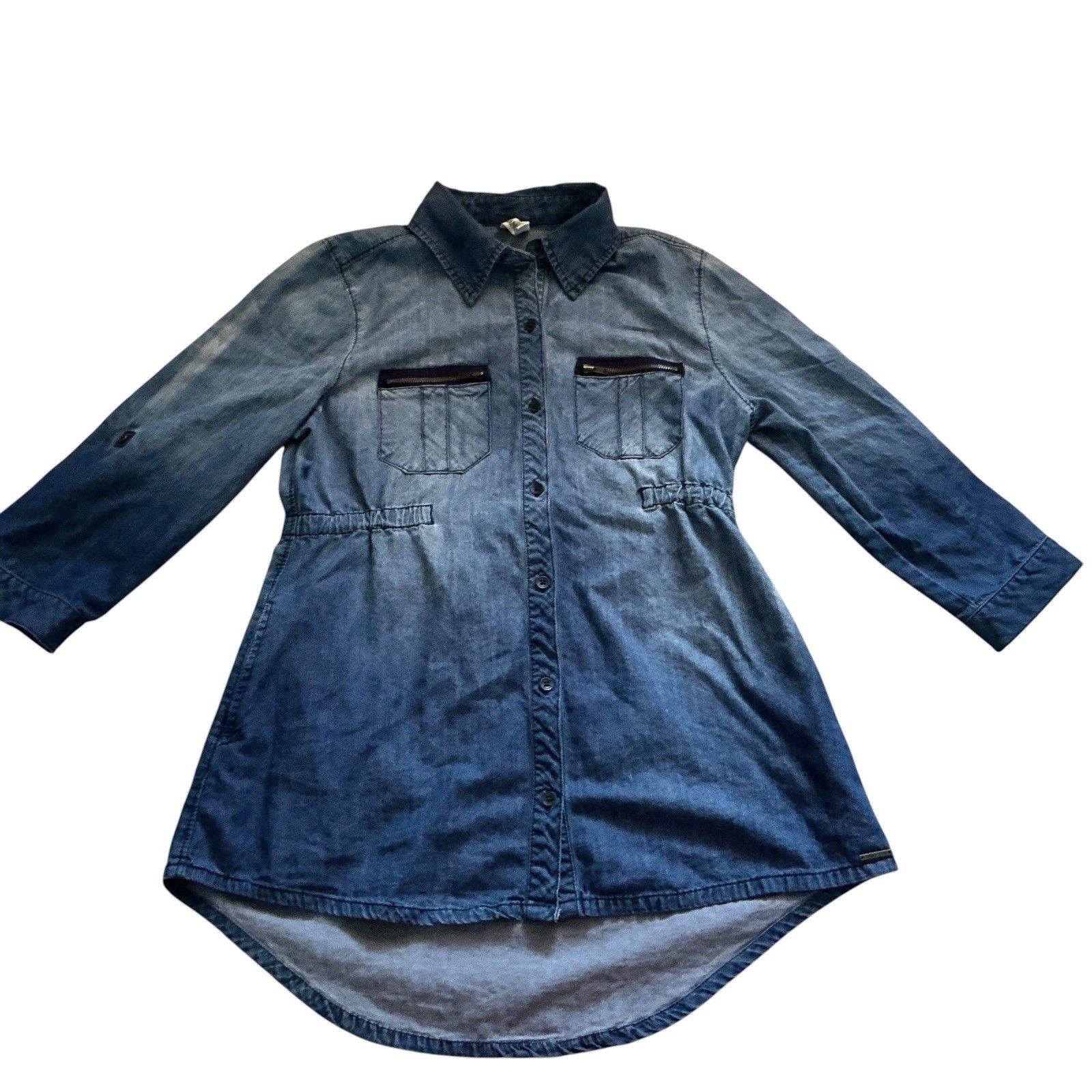 Hang Ten VTG 90s Indigo Chambray Denim Shirt Dress Roll Tab Sleeves M Drop Waist