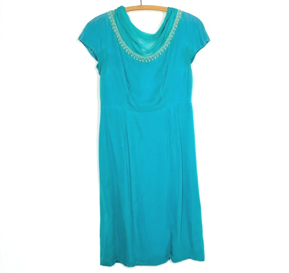 Vtg 50s Ocean Blue Silk Crepe Dress L Cameo Cowl Neck Pearl Beading Pinup Rare
