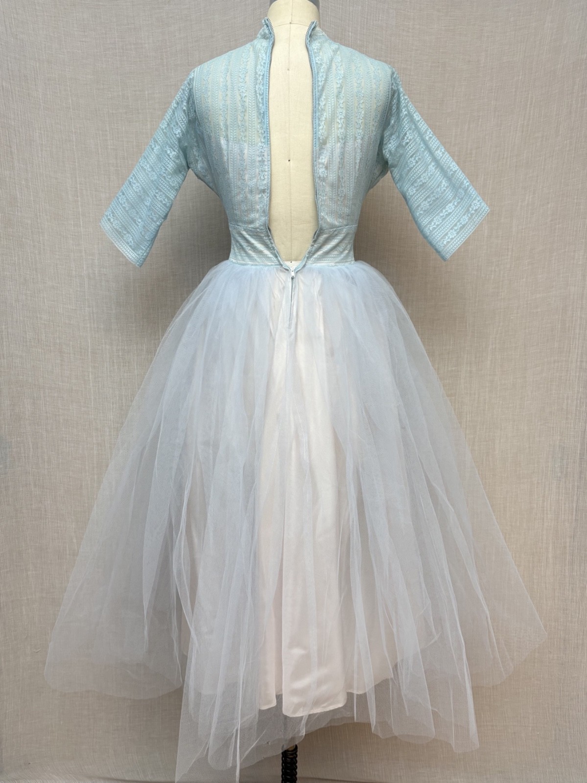 Vintage 1950s Lace Tulle Illusion Dress Wedding Bridesmaid Modest Princess XXS