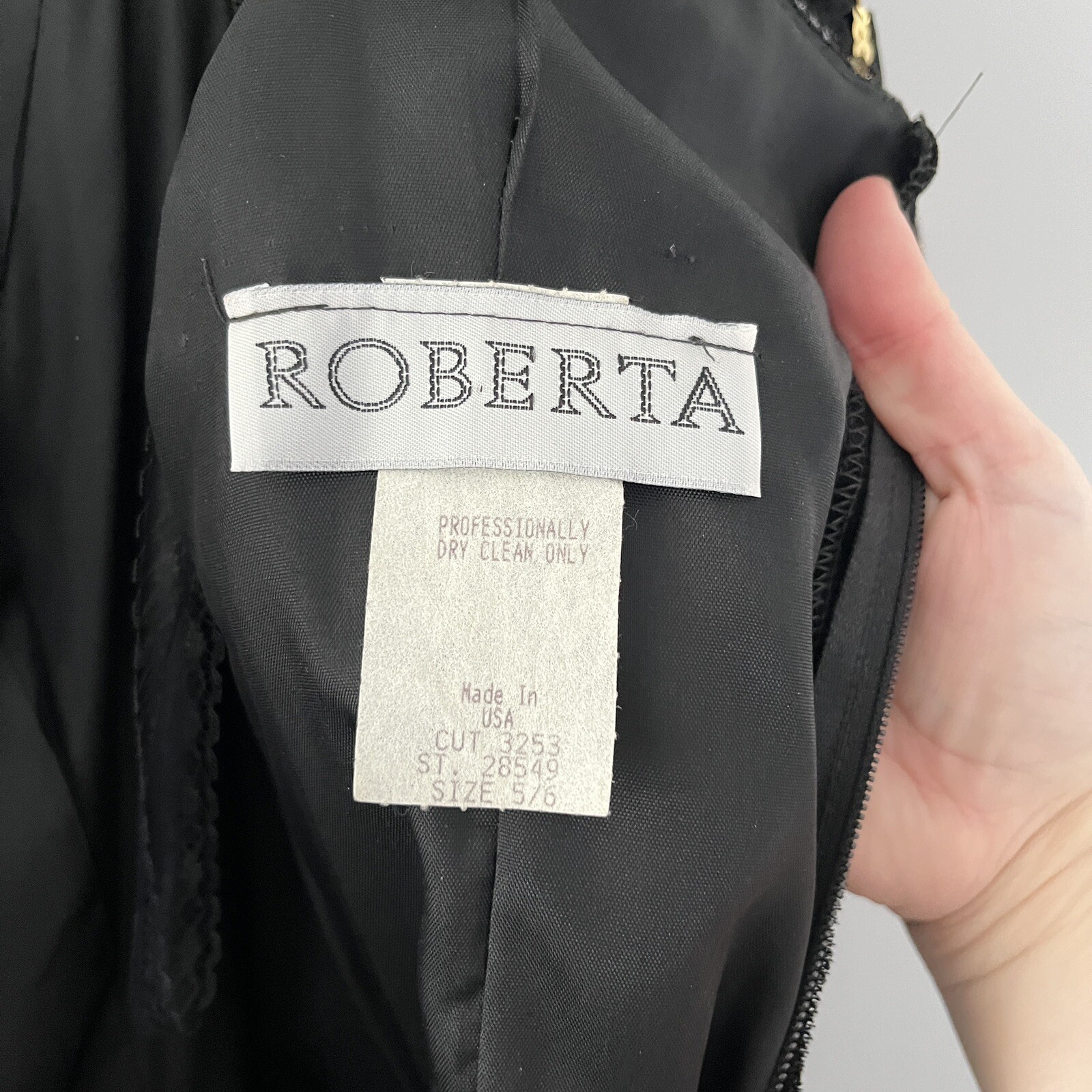 Vintage Roberta Black Velvet Tafetta Puff Sleeve Dress Satin Bow Gold Sequin