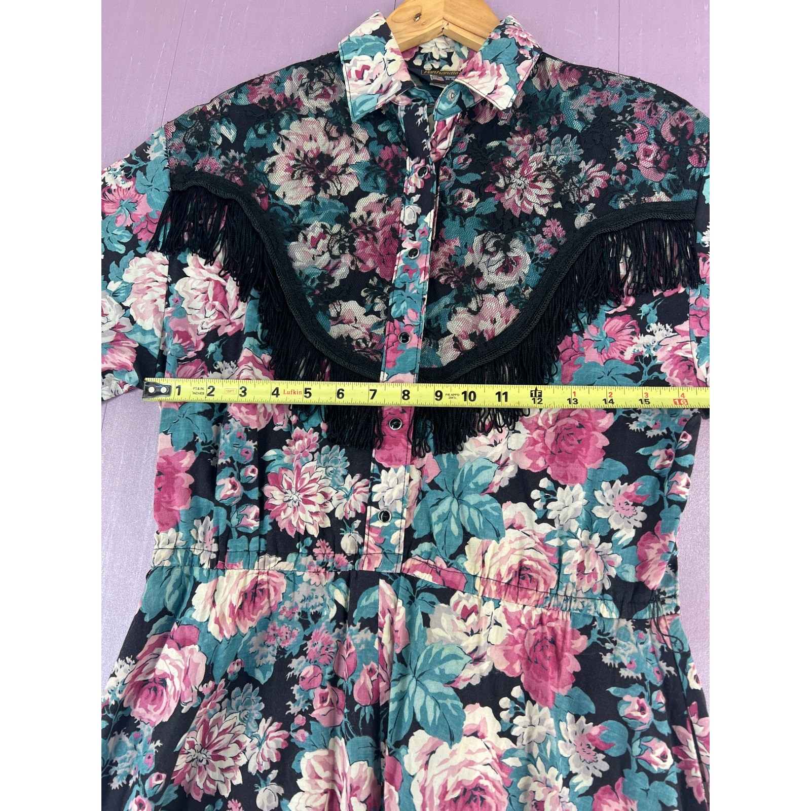 Vintage Panhandle Slim Floral Western Maxi Dress Fringe Pearl Snap Prairiecore