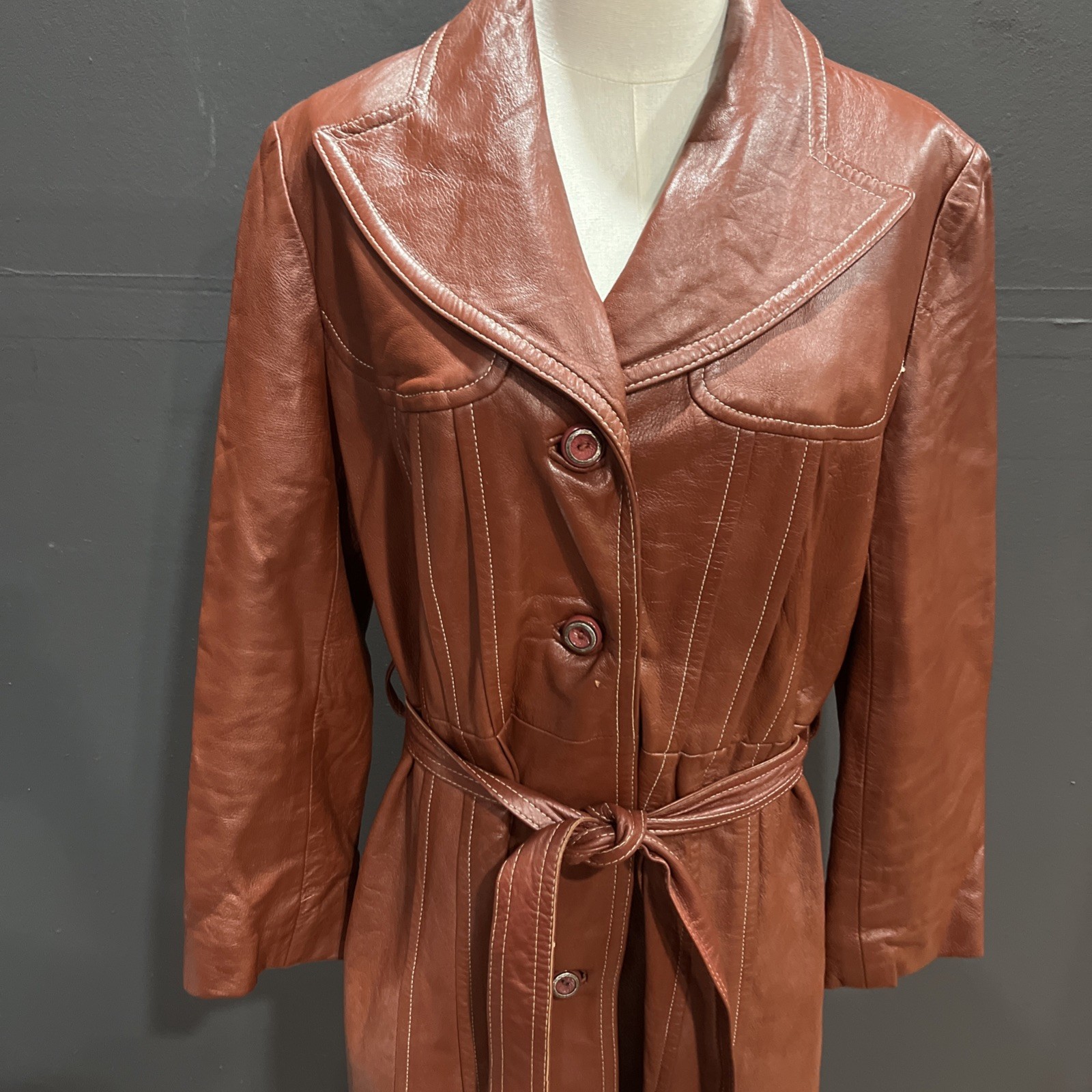 Woman’s Leather Coat Cognac Boho Mod Groovy Disco 70s Style Glam See Measurement