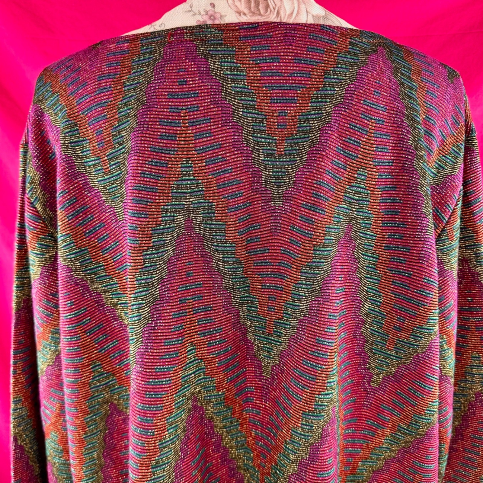 Metallic Vintage 80s 90s Chevron Knit Tunic Top Pink Sparkle 3X Holiday Glam