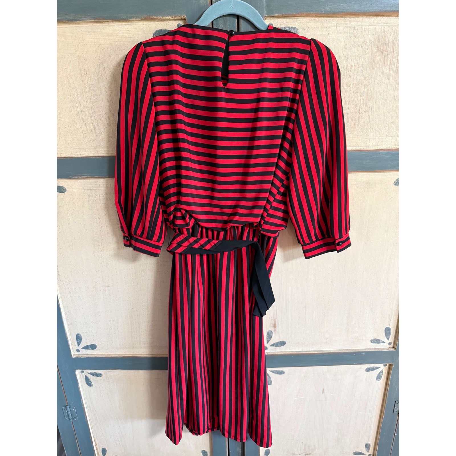JSJ Vintage 80s Red Black Striped Pleated Midi Dress Puff Sleeve Rockabilly