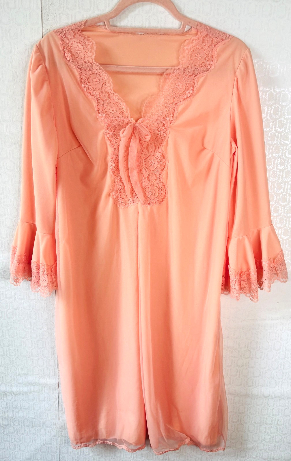 PRETTY!! VTG 60’S PEACH CHIFFON NYLON&LACE NIGHTGOWN JULIETTE TRUMPET SLEEVES*M