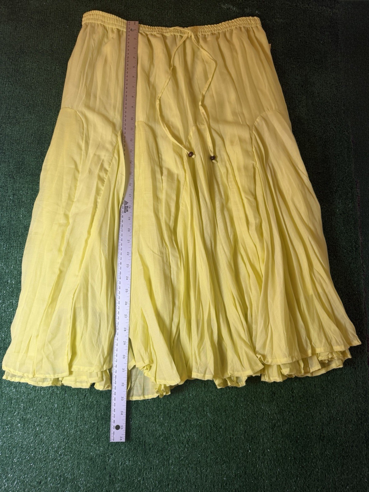 Vintage Y2K Mix Nouveau Yellow Smocked Waist Maxi Skirt Boho Beaded Tassels XL