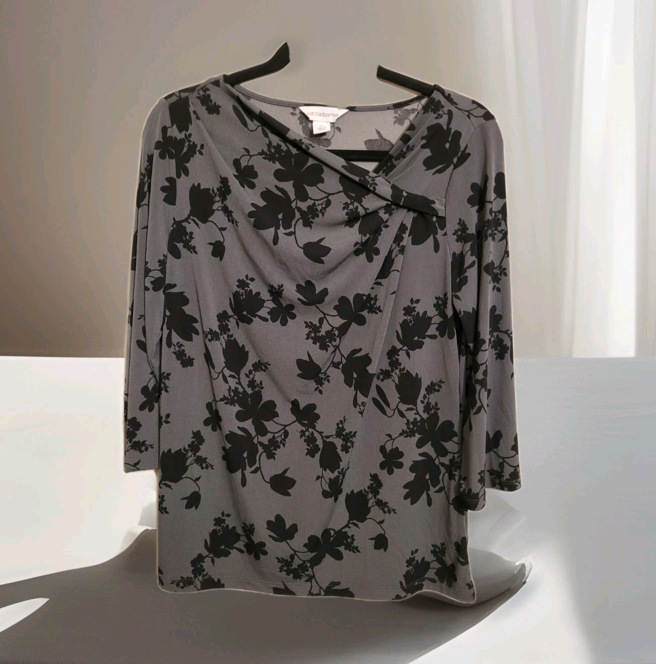 Vintage Liz Claiborne Gray And Black Floral Blouse