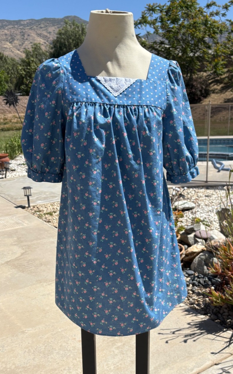 Vintage 80s Calico Babydoll Mini Dress XS/S Blue Cottagecore Prarie Western