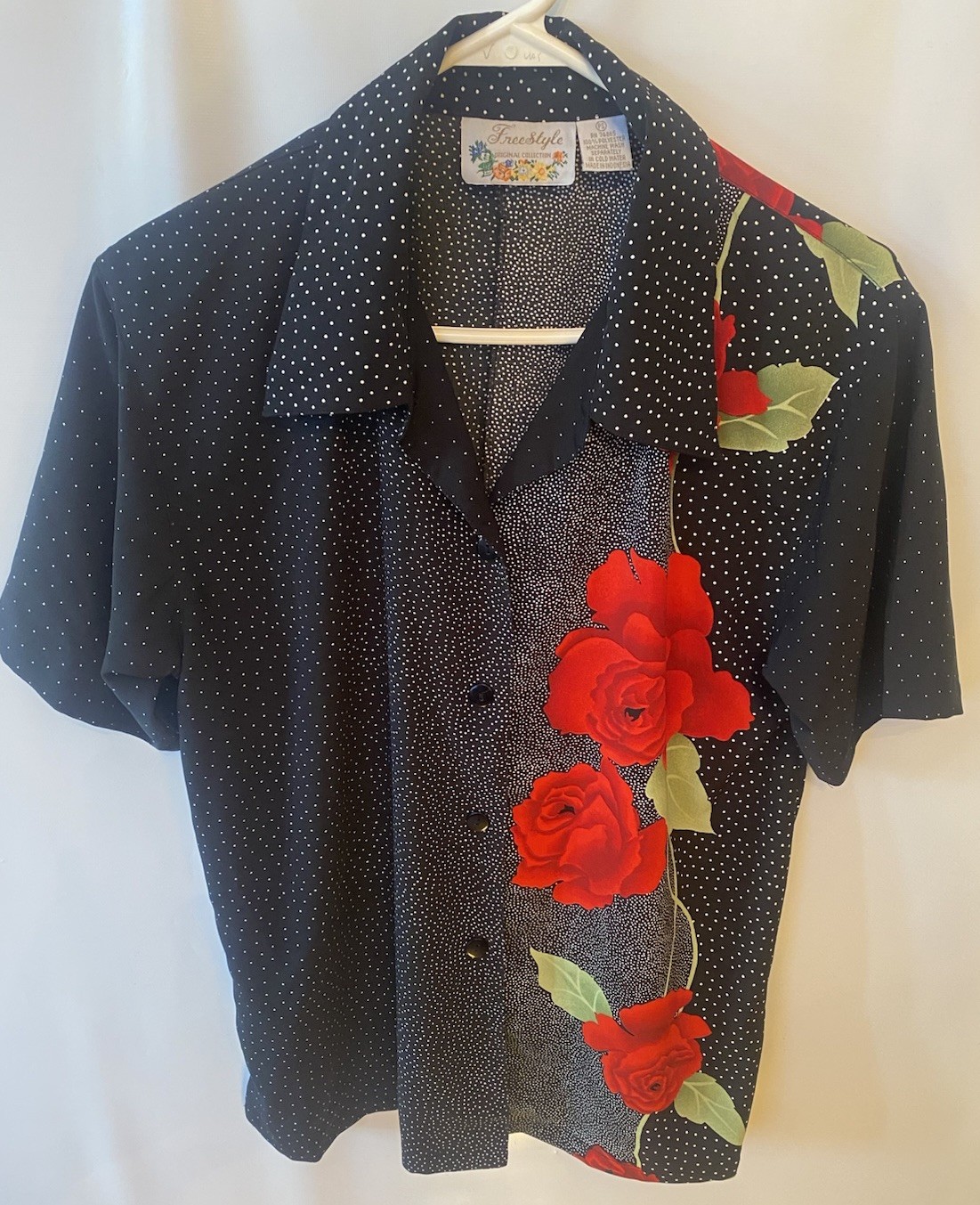 VTG 80S SILKY P S RED ROSES BLACK POKA DOT SHIRT BLOUSE SHORT SLEEVE WOMEN