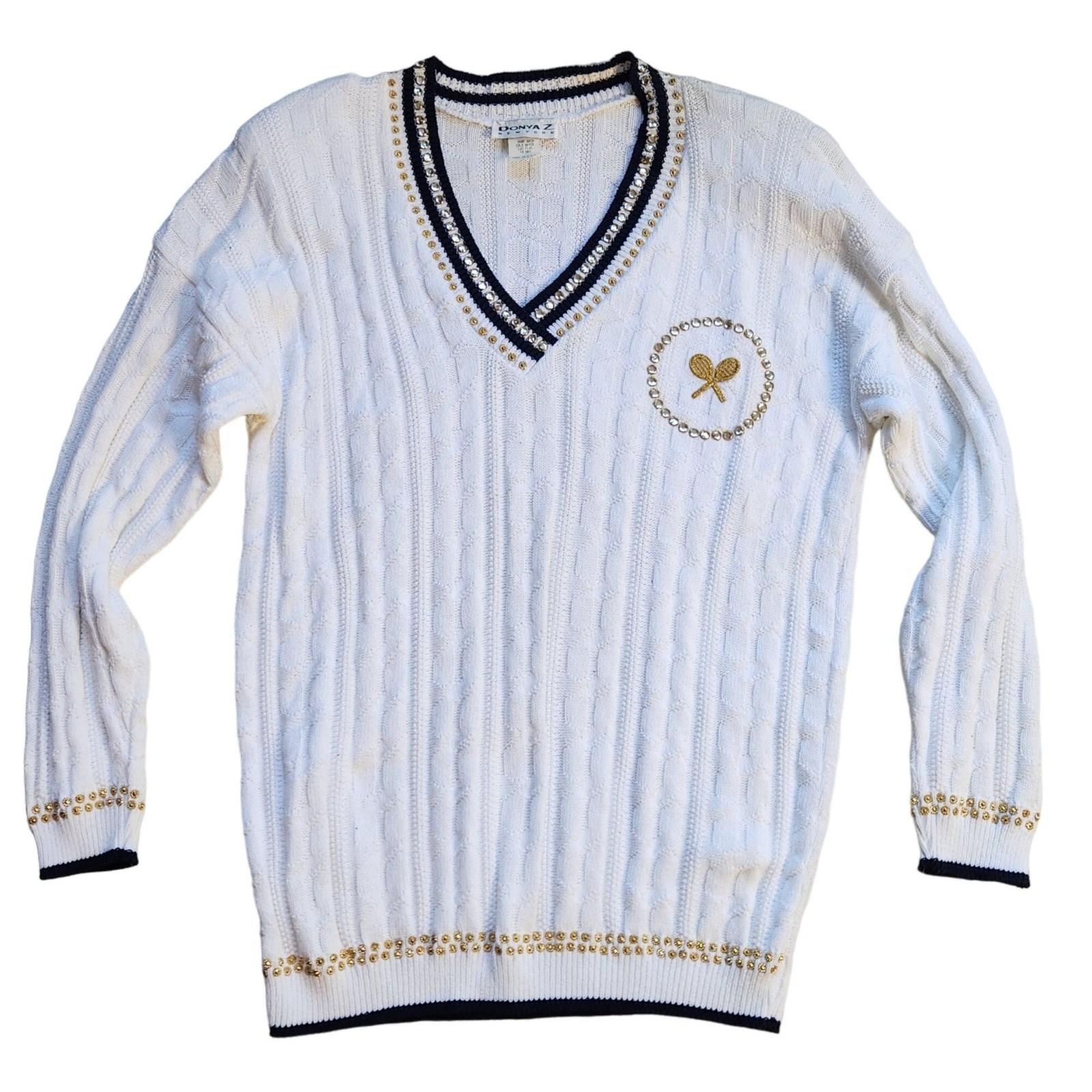 Vintage 60s 70s Preppy White Tennis Sweater M/L Retro V-Neck Embroidered Sequins