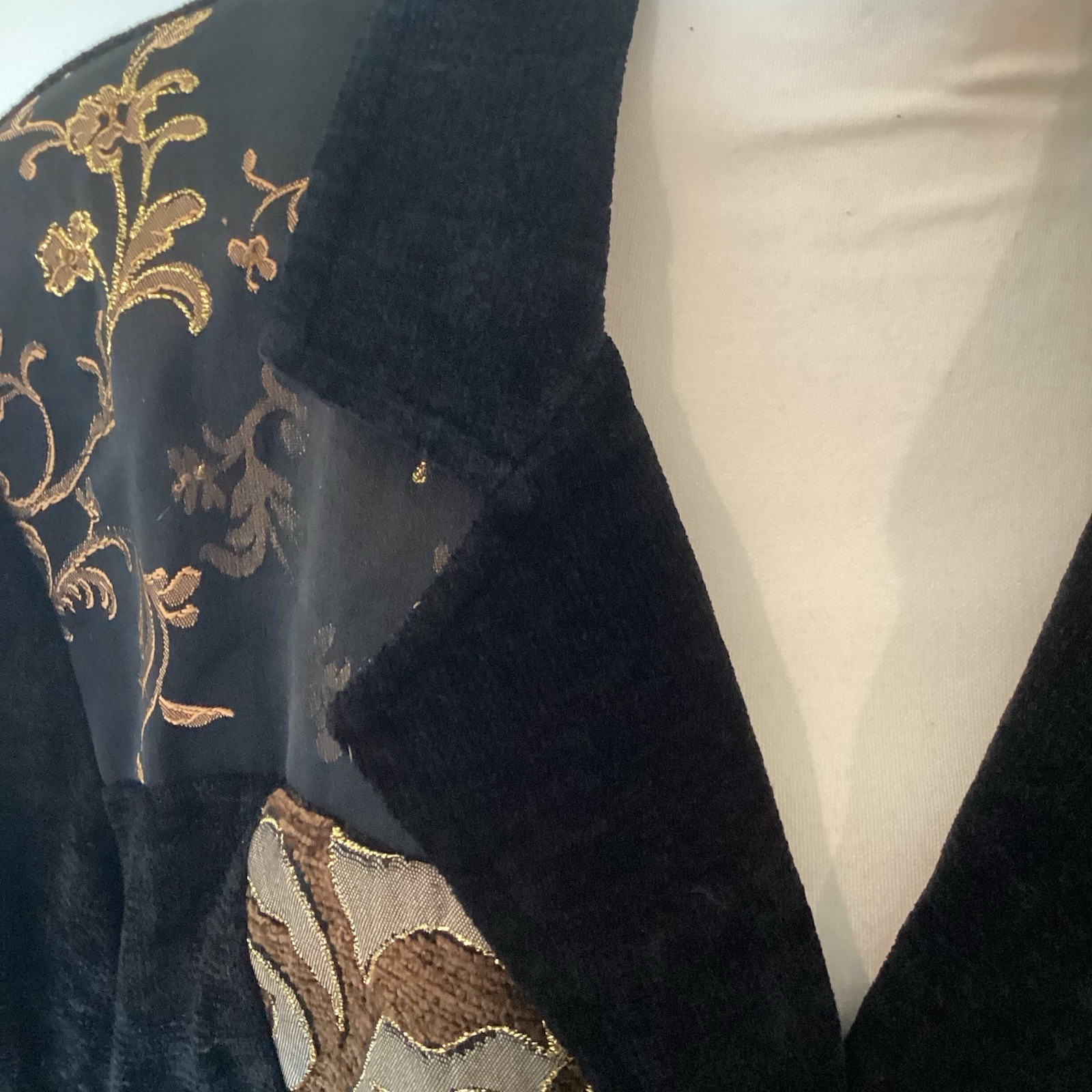Vtg Maggie Barnes Jacket Retro Patchwork Boho Embroidered Chenille 3X Black Gold