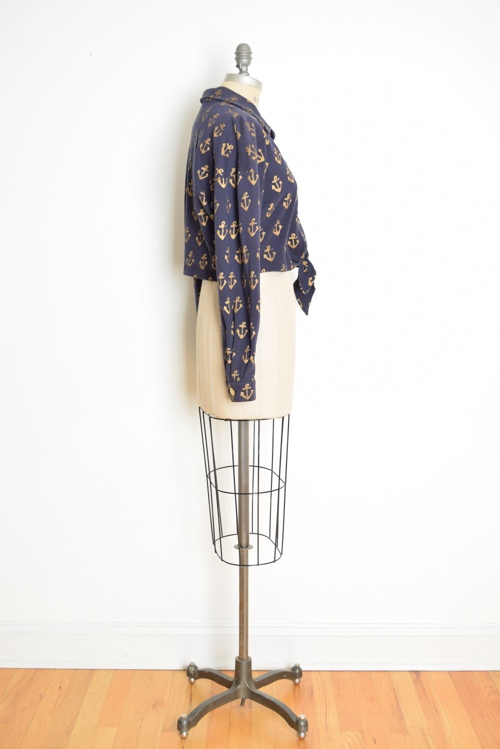 vintage 80s jacket top navy metallic gold anchor print nautical sailor L XL