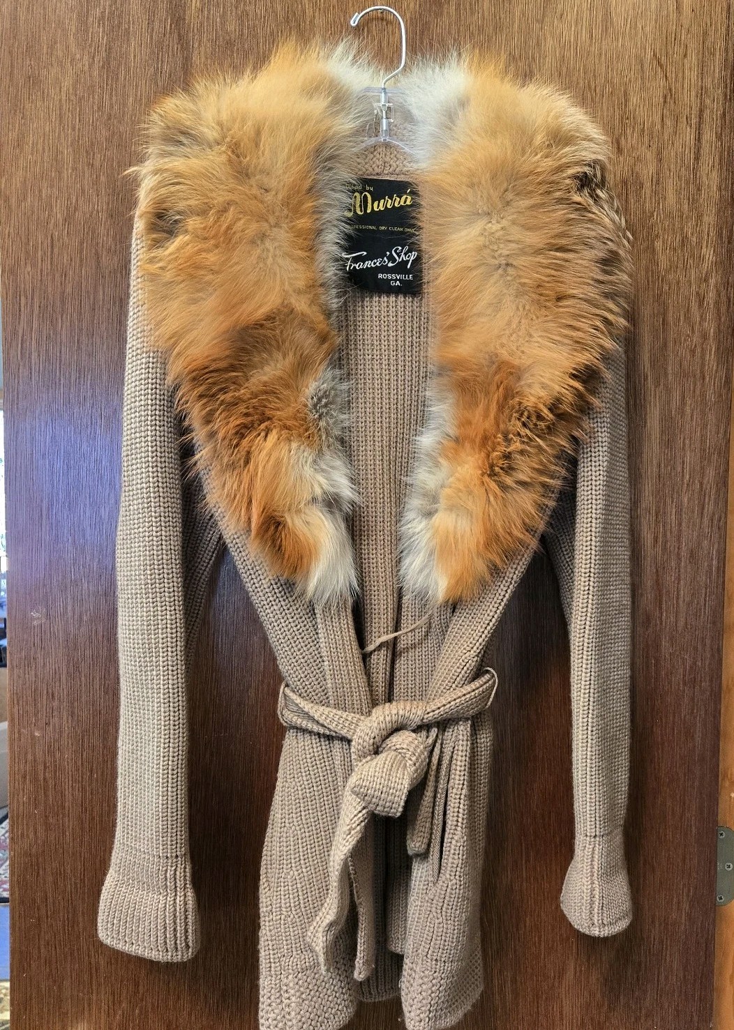 Vintage Murra Furs Collar Ruff Camel Colored Belted Open Front Cardigan Jacket S
