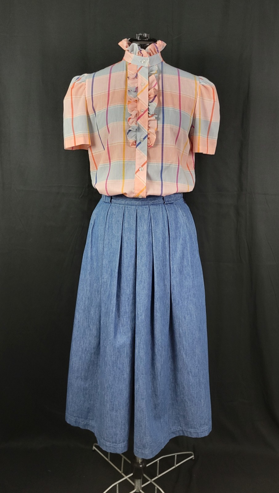 Vtg Lucky Winner Peach/Blue/Pink/Purple Plaid Top w Ruffled Collar Size 11/12