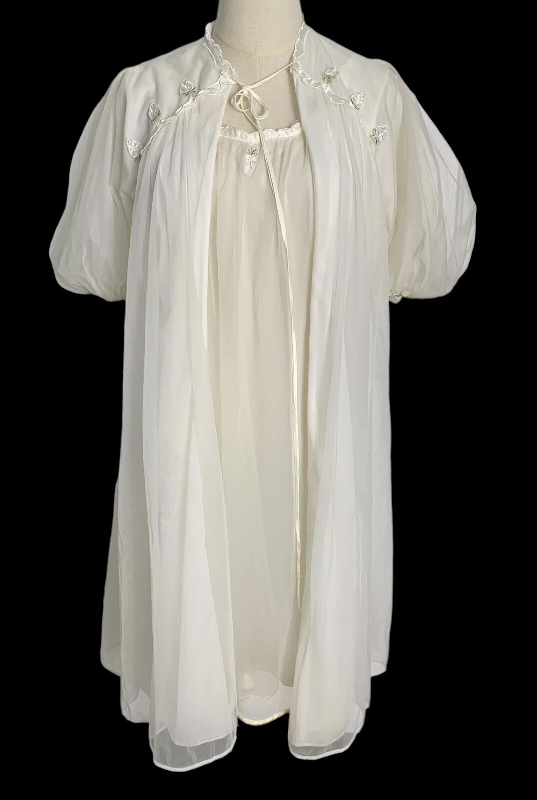 VTG Gotham gold stripe peignoir robe gown babydoll nylon slip roses chiffon 60s