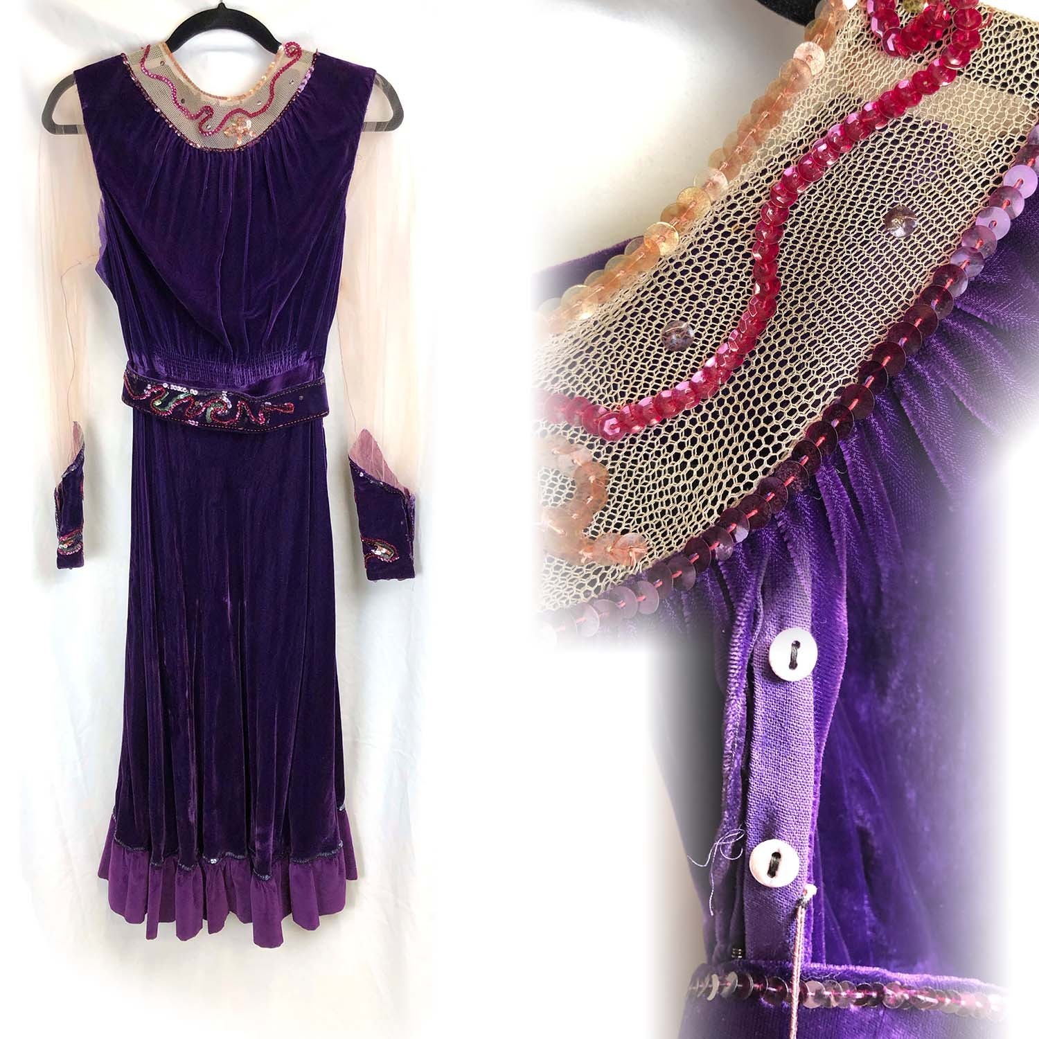 1910’s 1920’s 1930’s Purple Velvet Midi Dress with Sequins, Mesh Sleeves