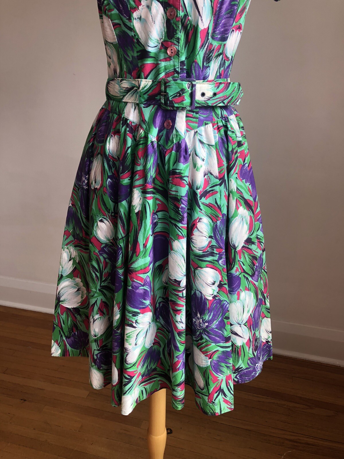 STUNNING VTG S.L. PETITES Floral 100% Cotton Belted Dress SZ XS/S
