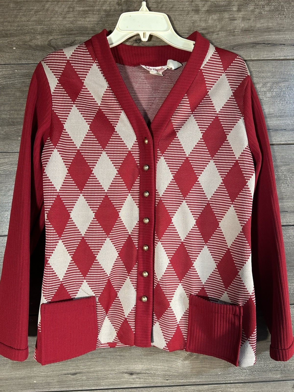 Retro 50-60s Vicky Vaughn Juniors Polyester Tan/Red Checked Cardigan Size 13