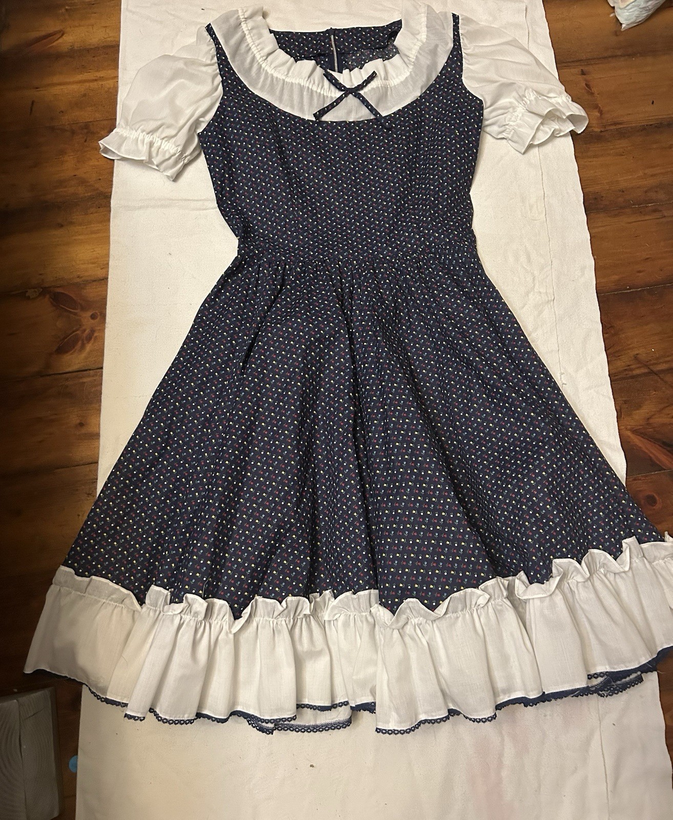 VTG 70s Navy Prairie Ruffled Square Dance Dress 160″ twirl skirt country sm med